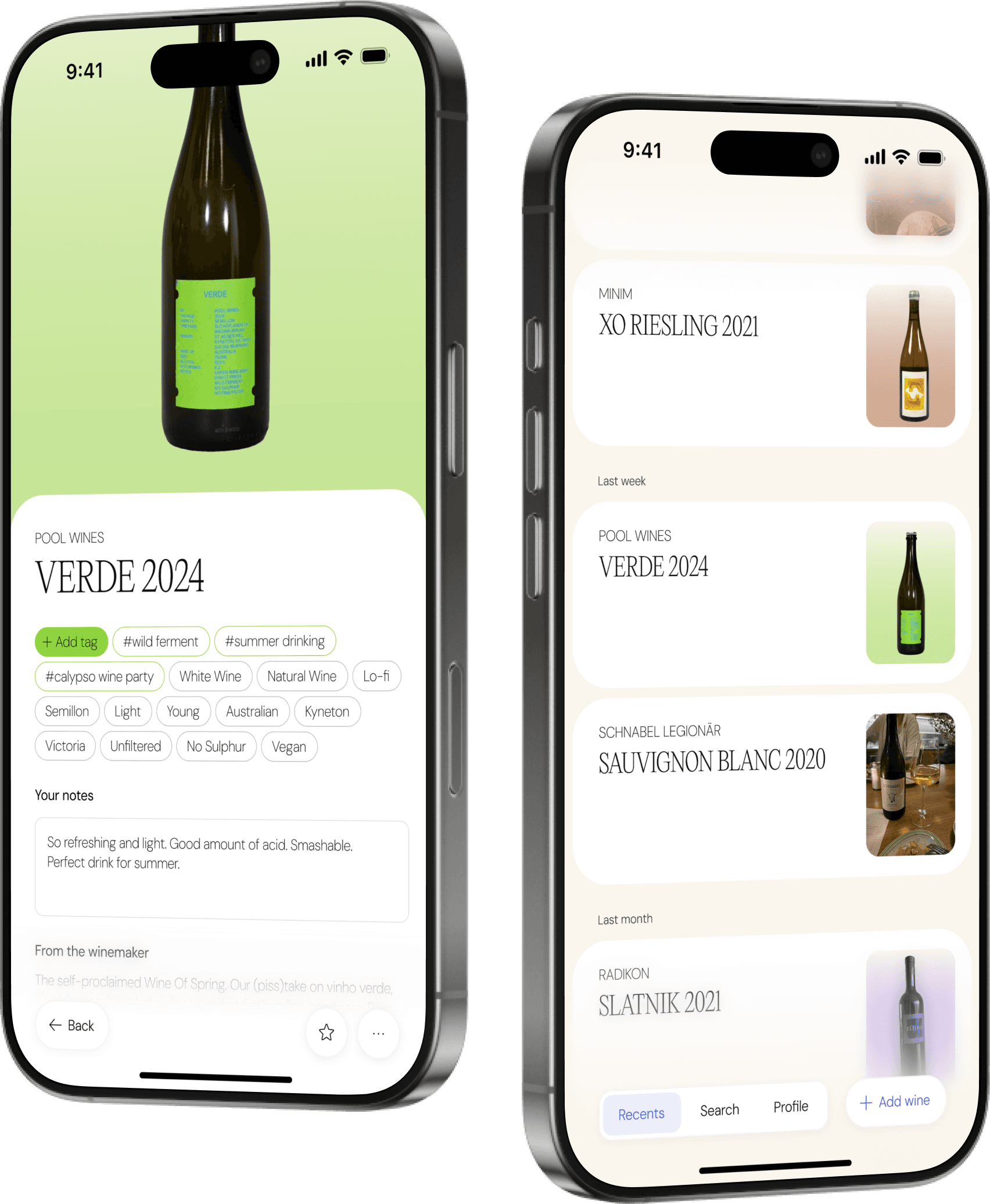 Three phone screens showing tasting note features
